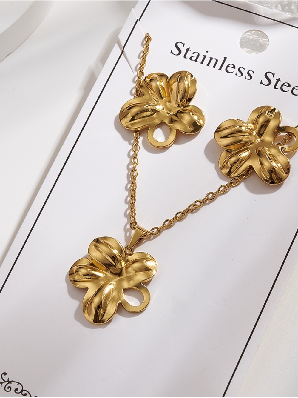 Gold Floral Stainless Steel Necklace and Earrings Set